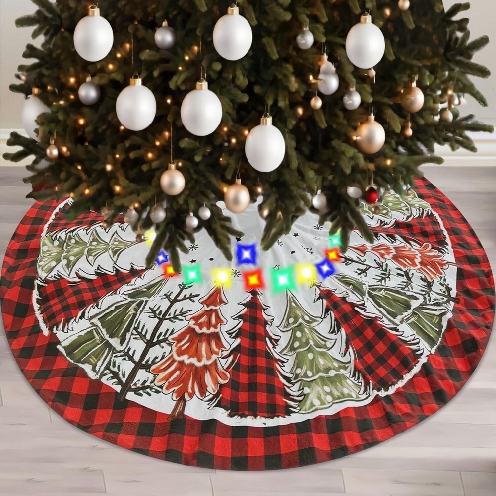 48" Christmas Tree Skirt with  LED Lights, buffalo plaid Trees Plush Fur